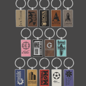 Leather Keychain-the colors available have a representation of examples of engraving